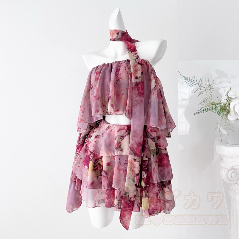 Floral Halter Off Shoulder Chiffon Top Tiered Skirt Two Pieces Set - Set - L - image 1