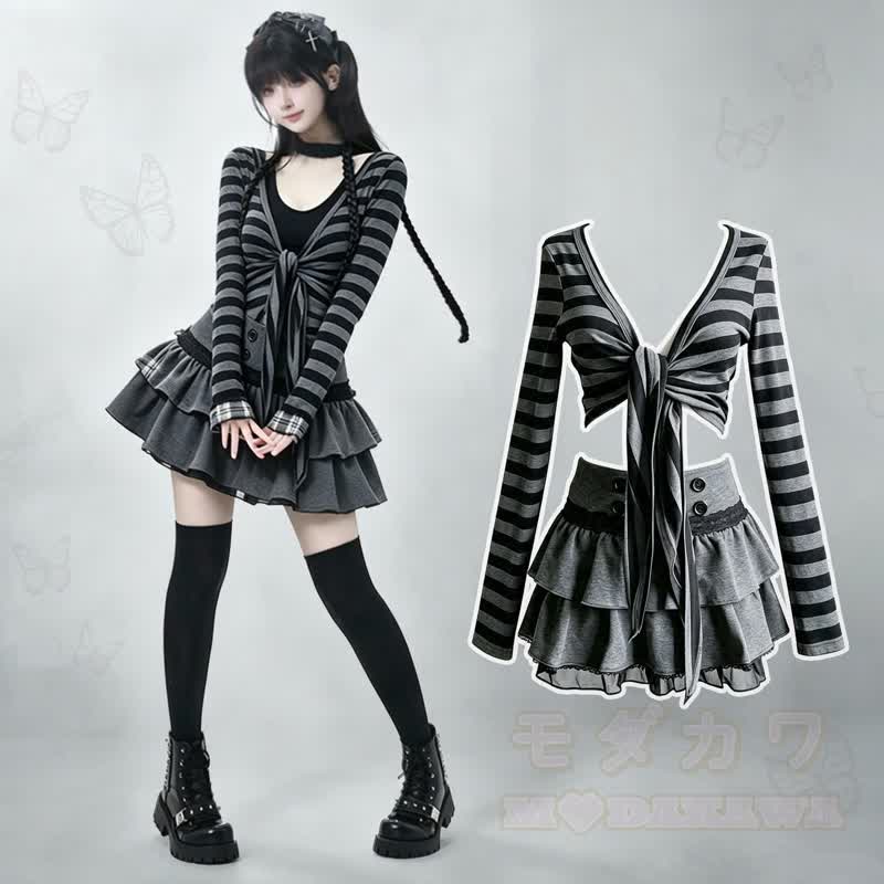 Y2k Striped Long Sleeve Shrug Top Ruffled Skirt Two Pieces Set - image 1