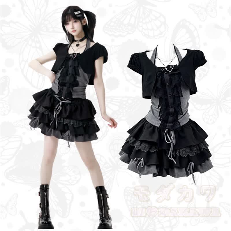 Gothic Lace Halter Cami Top Short Sleeve Cardigan Ruffle Skirt Three Pieces Set - image 1