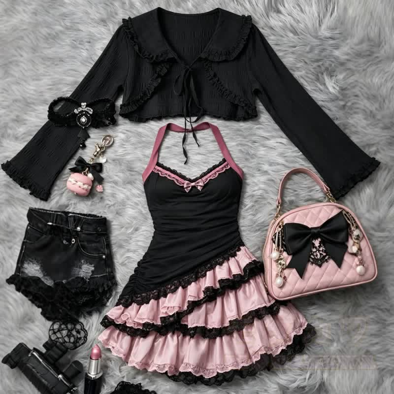 Gothic Halter Dress With Lace Trim Long Sleeve Shrug Two Pieces Set  - image 1