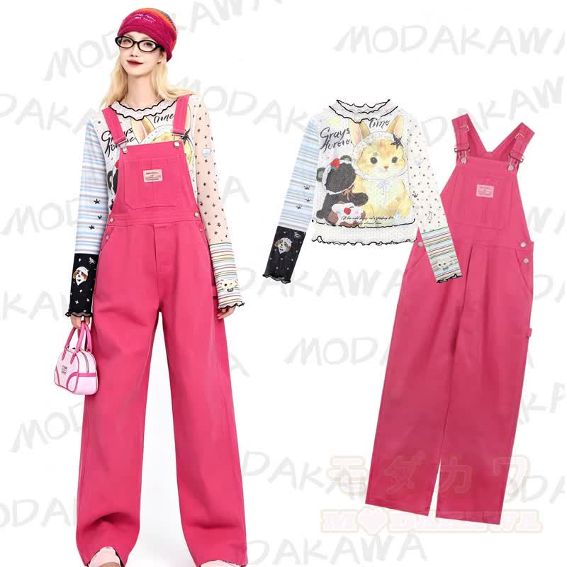 Kawaii Bunny Print Long Sleeve Top Wide Leg Overalls Two Pieces Set - image 1