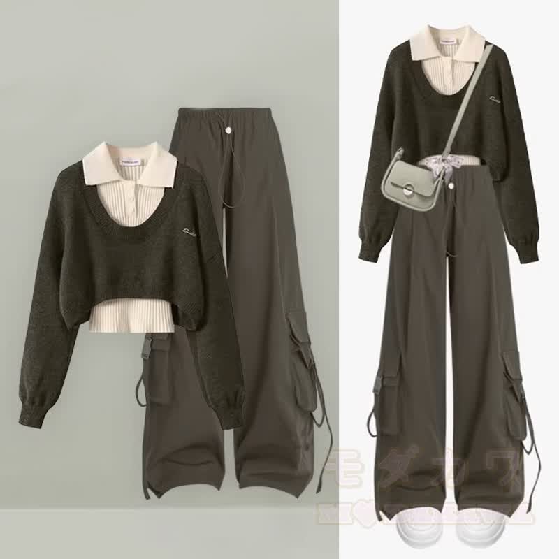 Casual Knit Sweater Sleeveless Top Cargo Wide Leg Pants Three Pieces Set - Set - 3XL - image 1