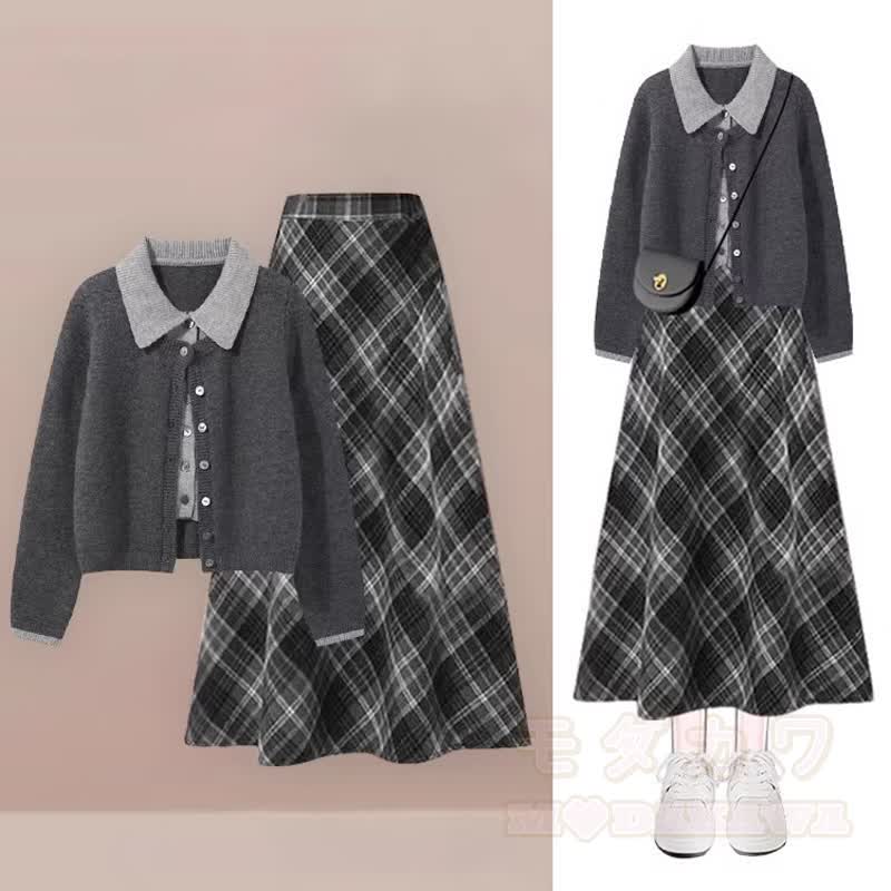 Vintage Knit Cardigan High Waist Plaid Skirt Two Pieces Set - Set - 3XL - image 1
