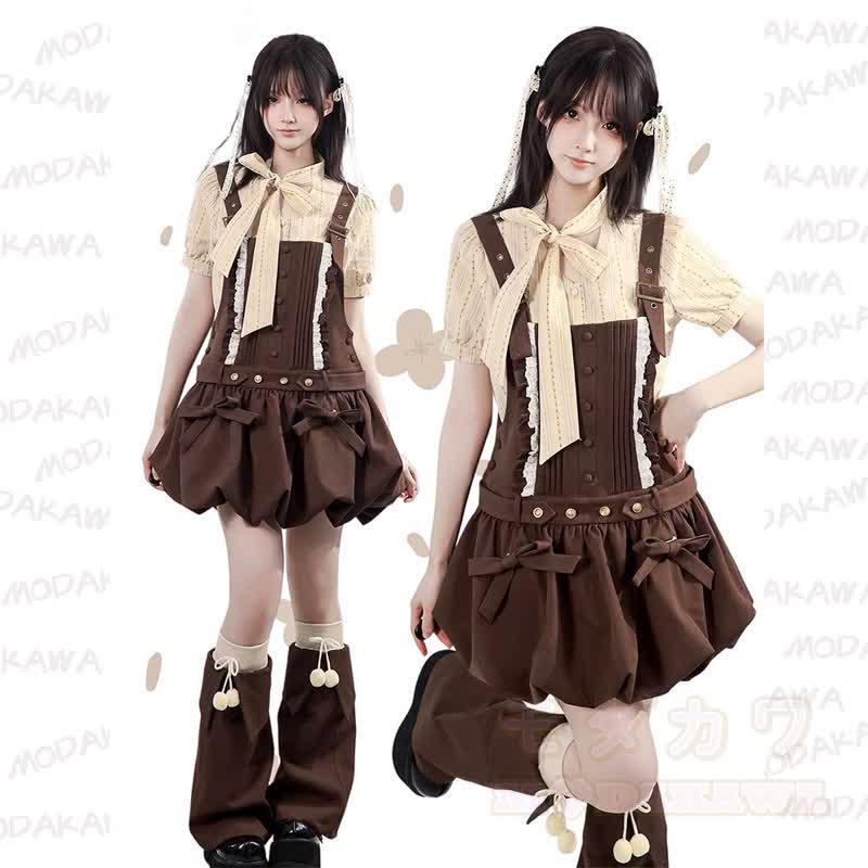 Sweet Academia Bow Shirt Ruffle Puffy Suspender Skirt Two Pieces Set - Set - XL - image 1