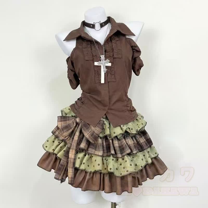 Vintage Sweet Sleeveless Top Polka Dot Ruffle Tiered Skirt Two Pieces Set - Skirt - XL - image 3