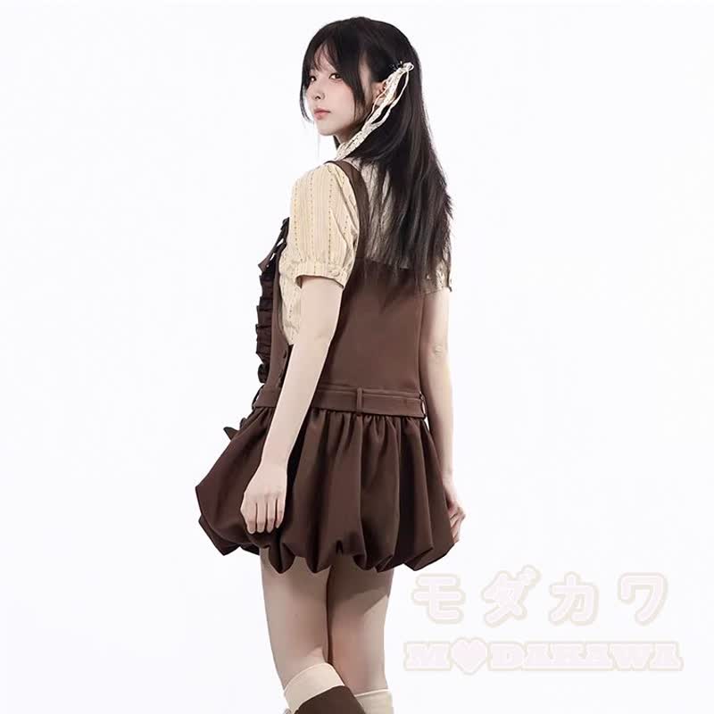 Sweet Academia Bow Shirt Ruffle Puffy Suspender Skirt Two Pieces Set - image 5