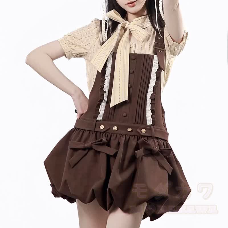 Sweet Academia Bow Shirt Ruffle Puffy Suspender Skirt Two Pieces Set - Dress - XL - image 4