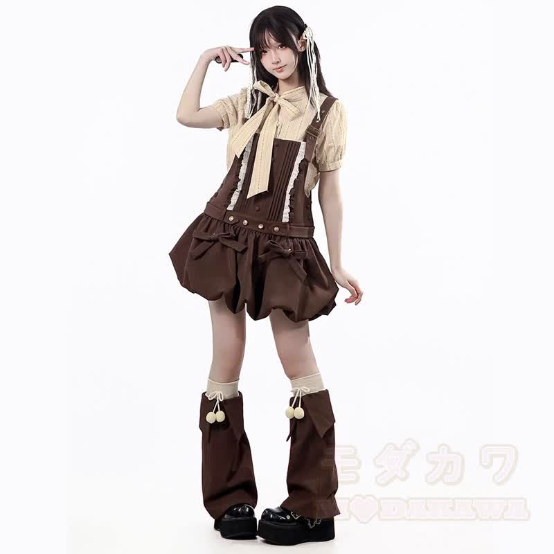 Sweet Academia Bow Shirt Ruffle Puffy Suspender Skirt Two Pieces Set - image 6