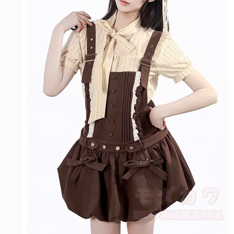 Sweet Academia Bow Shirt Ruffle Puffy Suspender Skirt Two Pieces Set - Shirt - XL - image 3