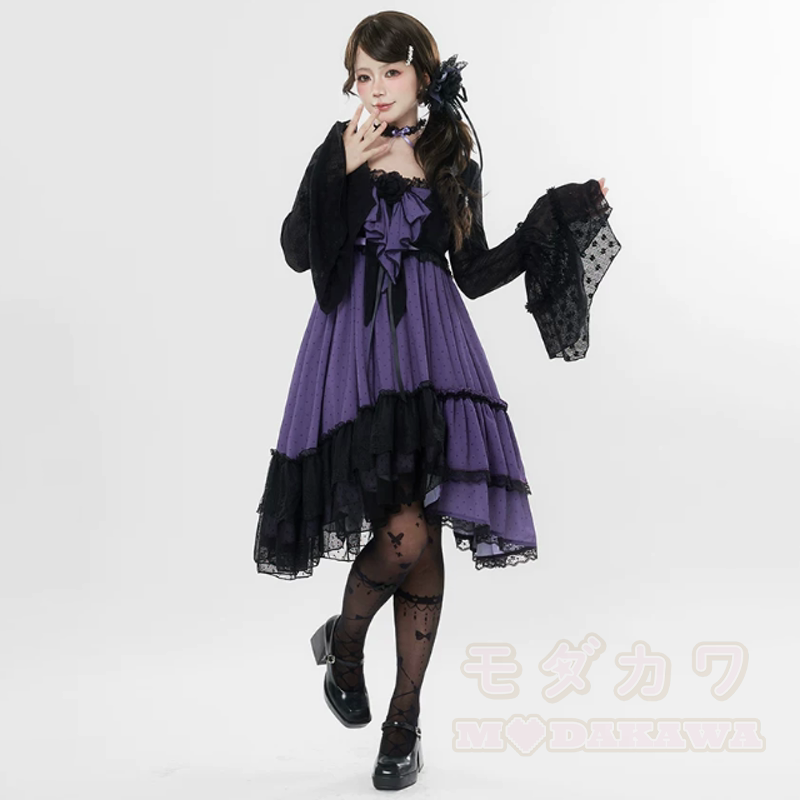 Gothic Lace Cardigan Bow Halter Irregular Ruffle Dress Two Pieces Set - Set B - XL - image 5