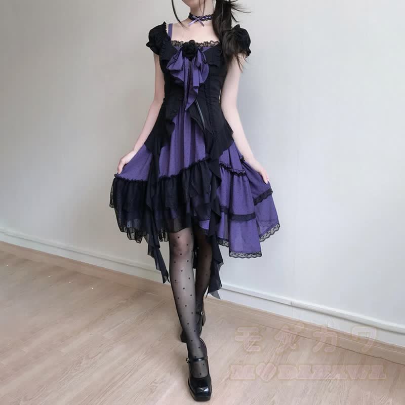 Gothic Lace Cardigan Bow Halter Irregular Ruffle Dress Two Pieces Set - Set A - XL - image 3
