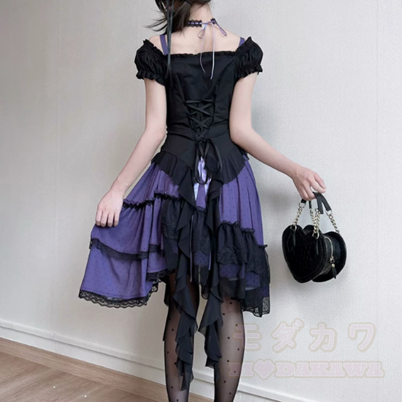 Gothic Lace Cardigan Bow Halter Irregular Ruffle Dress Two Pieces Set - image 4