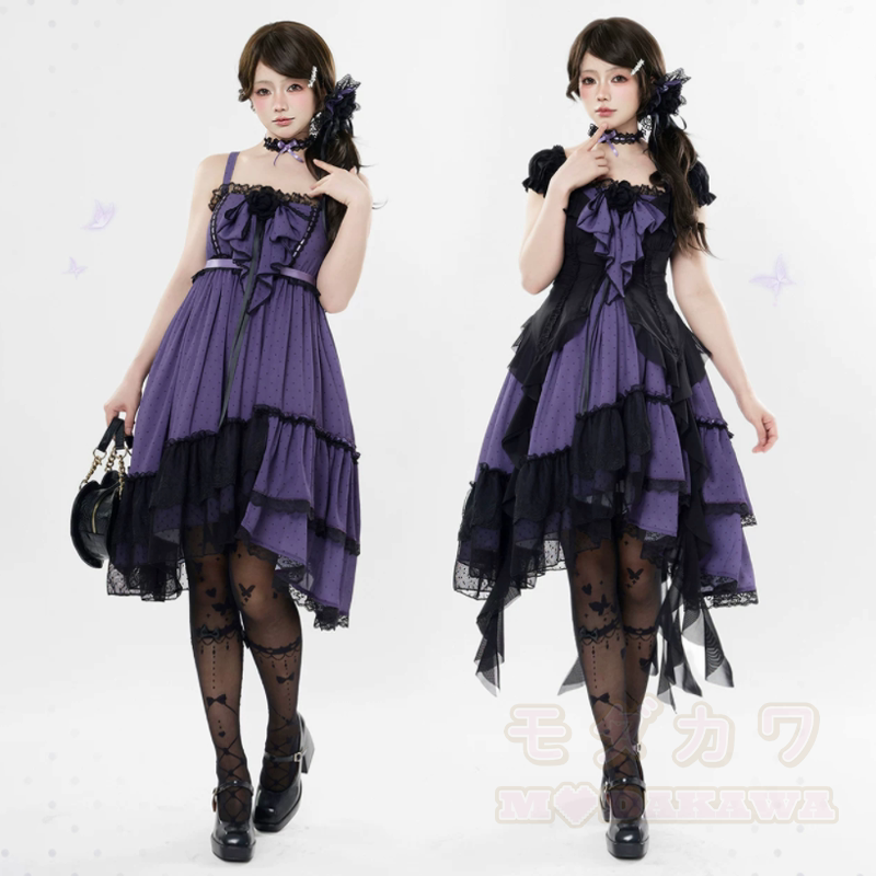 Gothic Lace Cardigan Bow Halter Irregular Ruffle Dress Two Pieces Set - image 2