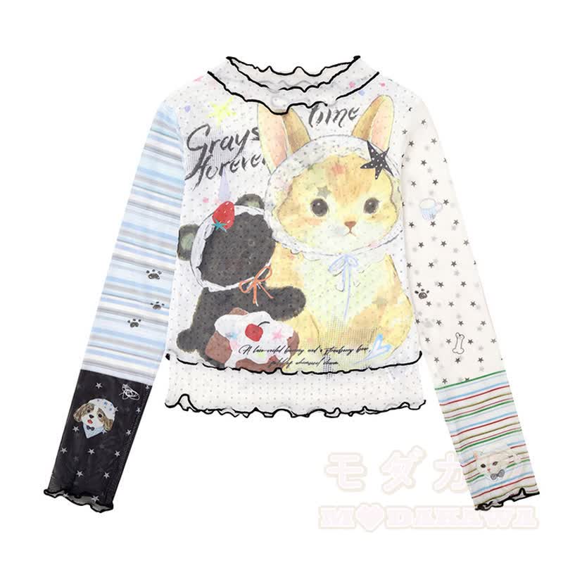 Kawaii Bunny Print Long Sleeve Top Wide Leg Overalls Two Pieces Set - Top - XL - image 2