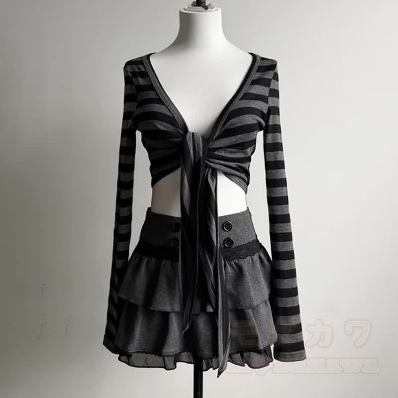 Y2k Striped Long Sleeve Shrug Top Ruffled Skirt Two Pieces Set - Set - L - image 9