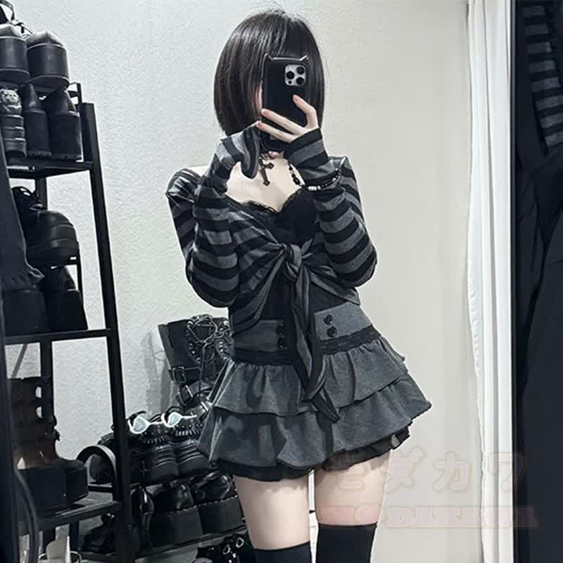 Y2k Striped Long Sleeve Shrug Top Ruffled Skirt Two Pieces Set - image 5