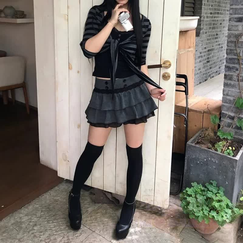 Y2k Striped Long Sleeve Shrug Top Ruffled Skirt Two Pieces Set - image 3