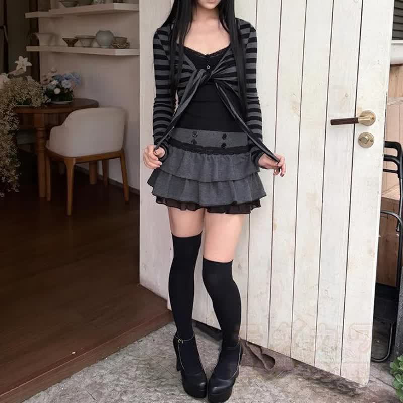 Y2k Striped Long Sleeve Shrug Top Ruffled Skirt Two Pieces Set - image 2