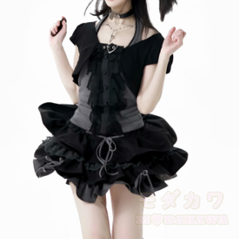 Gothic Lace Halter Cami Top Short Sleeve Cardigan Ruffle Skirt Three Pieces Set - image 2
