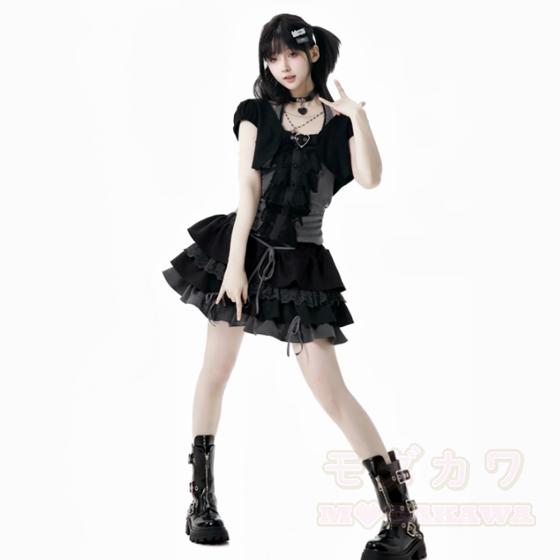 Gothic Lace Halter Cami Top Short Sleeve Cardigan Ruffle Skirt Three Pieces Set - image 4