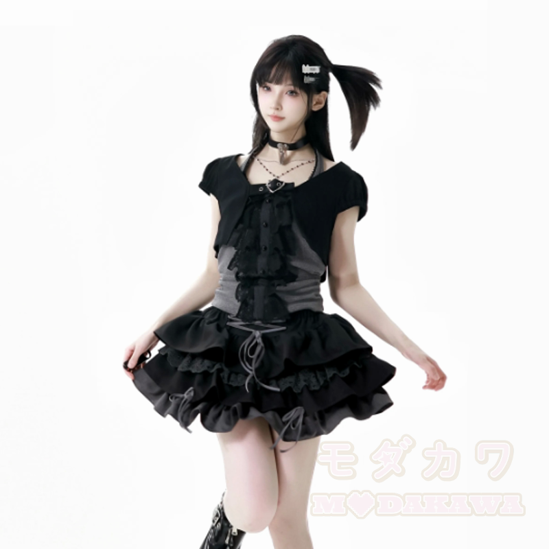 Gothic Lace Halter Cami Top Short Sleeve Cardigan Ruffle Skirt Three Pieces Set - image 3