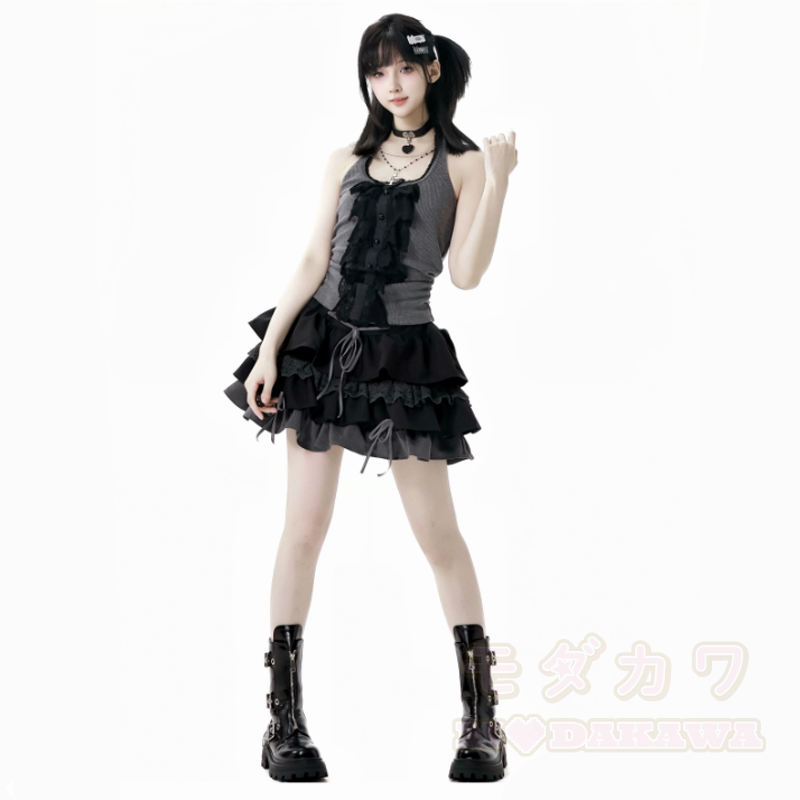 Gothic Lace Halter Cami Top Short Sleeve Cardigan Ruffle Skirt Three Pieces Set - image 6