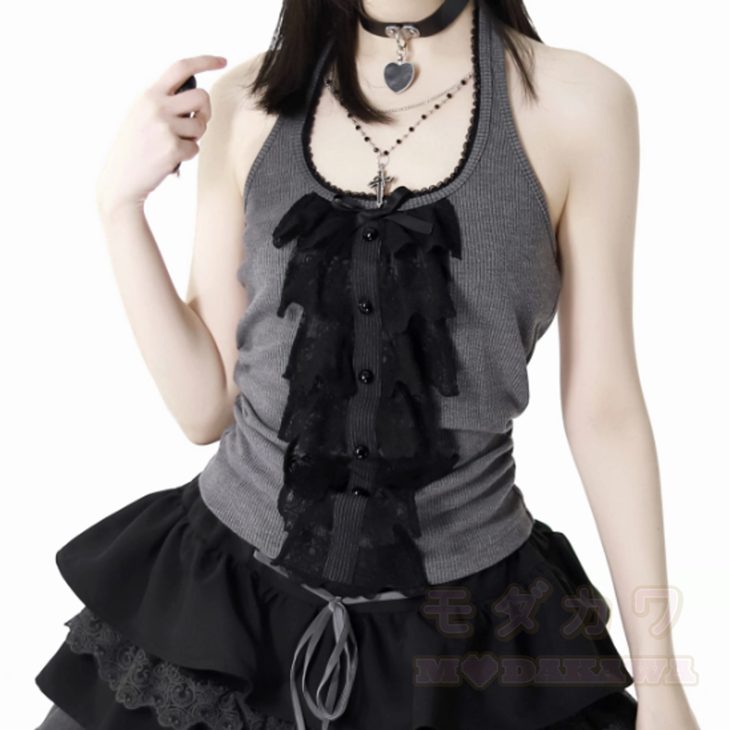 Gothic Lace Halter Cami Top Short Sleeve Cardigan Ruffle Skirt Three Pieces Set - image 7