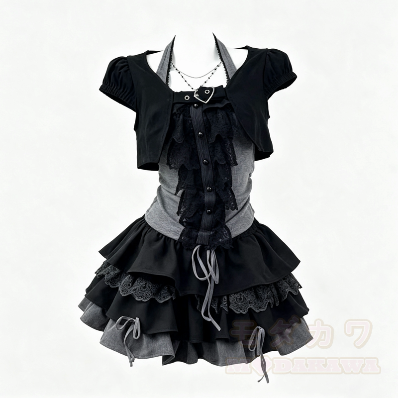 Gothic Lace Halter Cami Top Short Sleeve Cardigan Ruffle Skirt Three Pieces Set - Set - XL - image 8