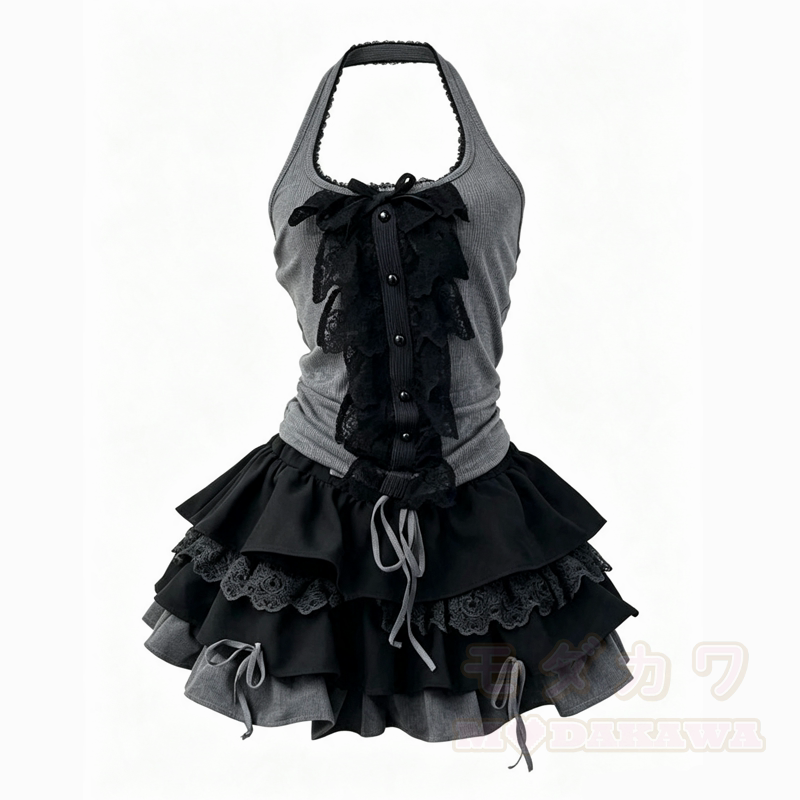 Gothic Lace Halter Cami Top Short Sleeve Cardigan Ruffle Skirt Three Pieces Set - image 9