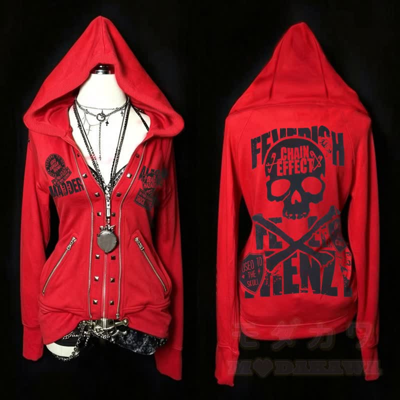 Y2K Gothic Skull Graphic Zip‑Up Hooded Slim Fit Jacket - Red - L - image 7