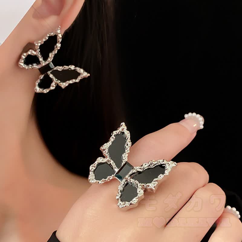 Gothic Black Butterfly Silver‑Tone Accessories - Ring - image 7