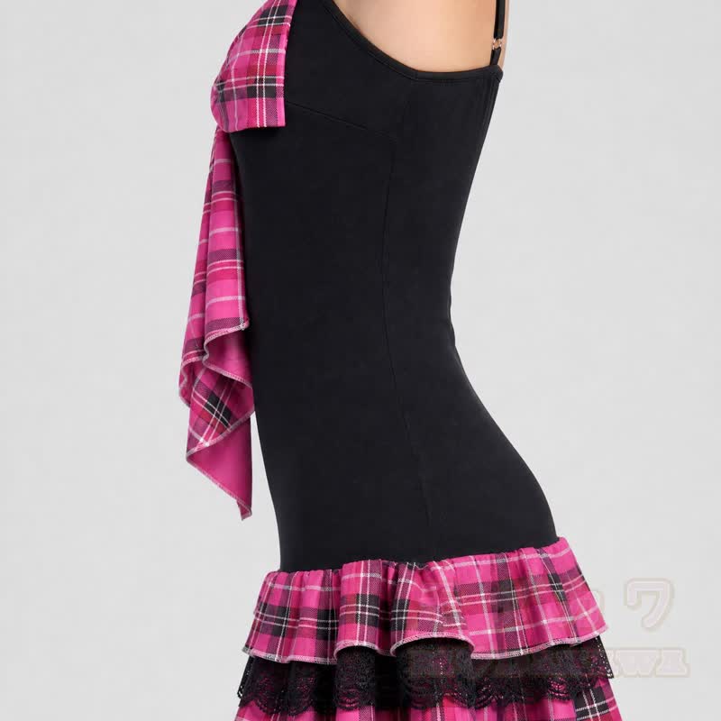 Gothic Plaid Bow Halter Splice Dress - image 4