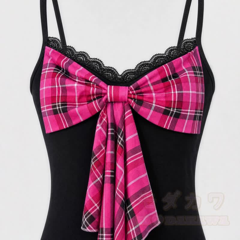 Gothic Plaid Bow Halter Splice Dress - image 6