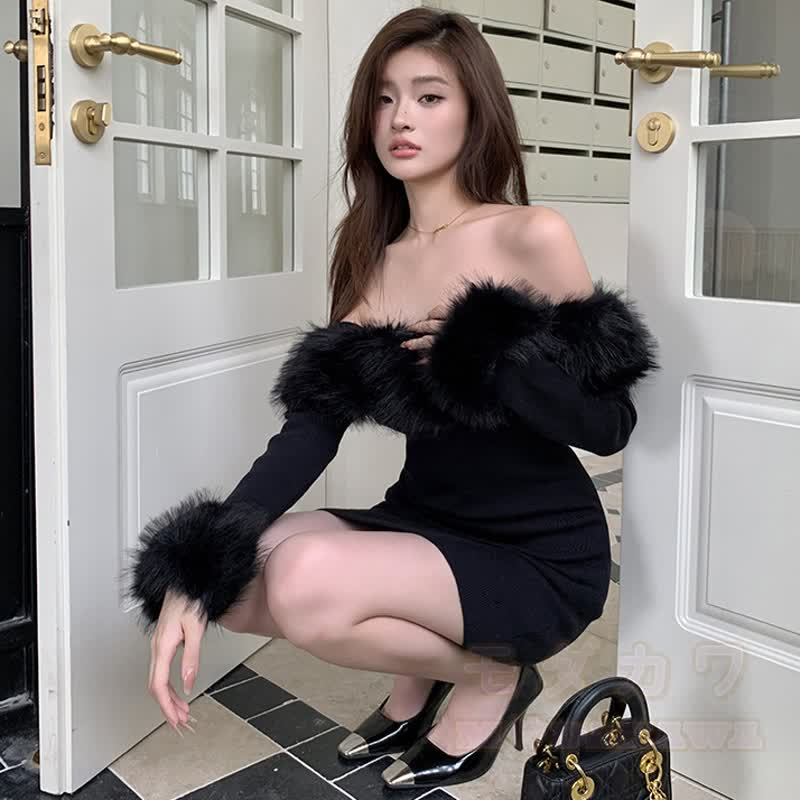 Faux Fur Trim Off Shoulder Long Sleeve Bodycon Dress - image 5