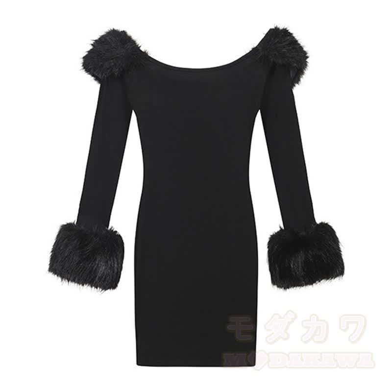 Faux Fur Trim Off Shoulder Long Sleeve Bodycon Dress - image 13
