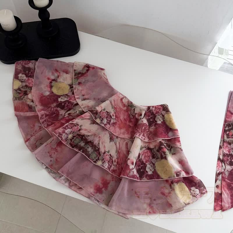 Floral Halter Off Shoulder Chiffon Top Tiered Skirt Two Pieces Set - image 5