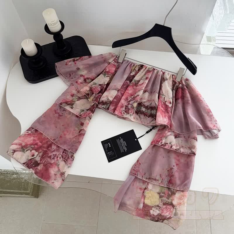 Floral Halter Off Shoulder Chiffon Top Tiered Skirt Two Pieces Set - image 4