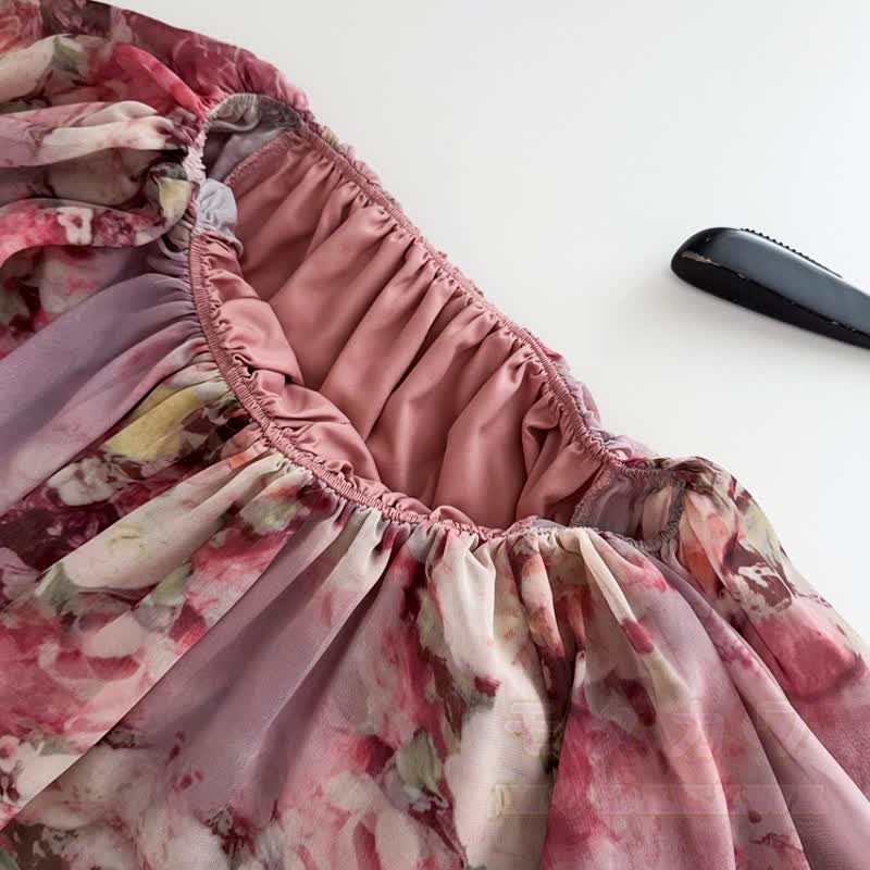 Floral Halter Off Shoulder Chiffon Top Tiered Skirt Two Pieces Set - image 7