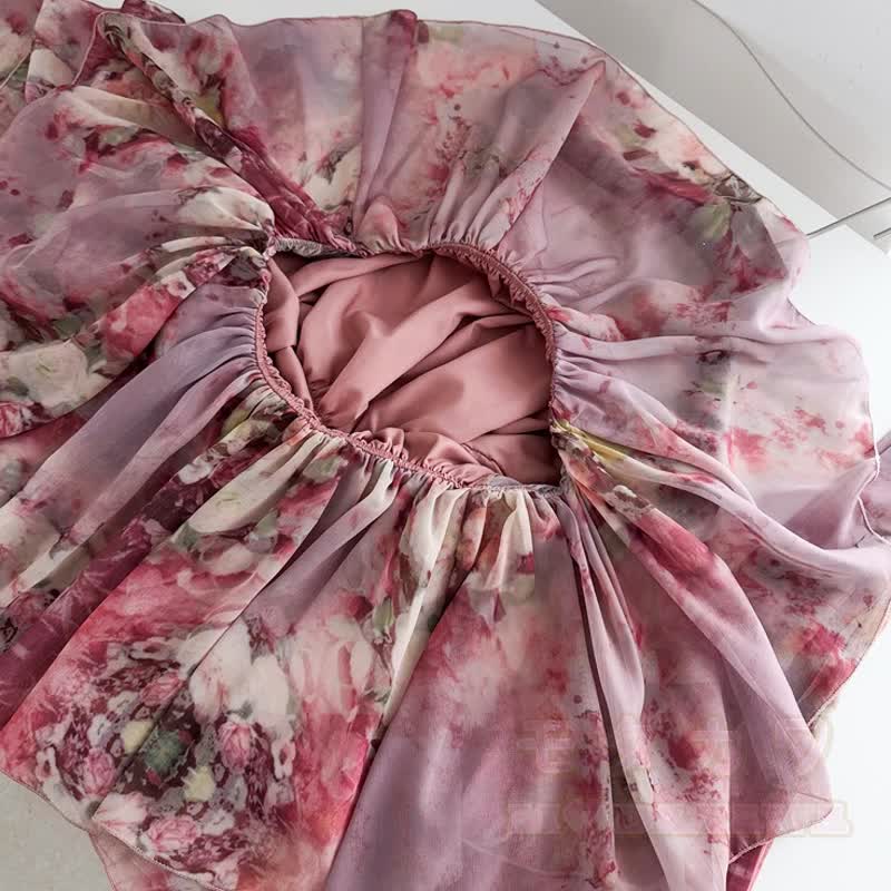 Floral Halter Off Shoulder Chiffon Top Tiered Skirt Two Pieces Set - image 8