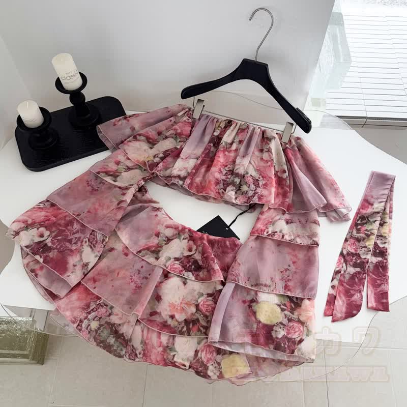 Floral Halter Off Shoulder Chiffon Top Tiered Skirt Two Pieces Set - image 9
