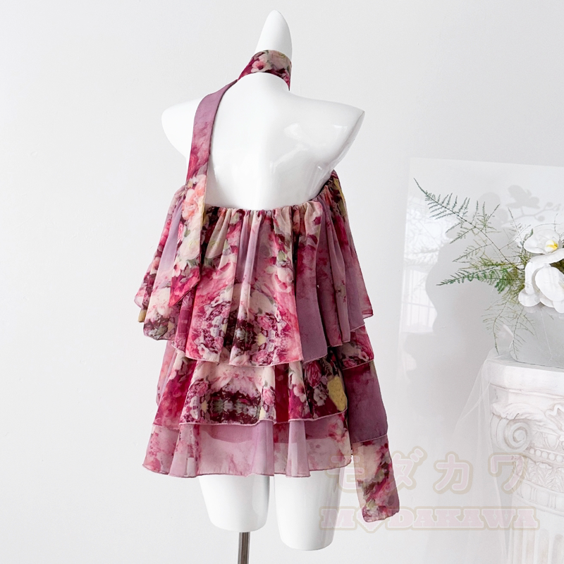 Floral Halter Off Shoulder Chiffon Top Tiered Skirt Two Pieces Set - image 2