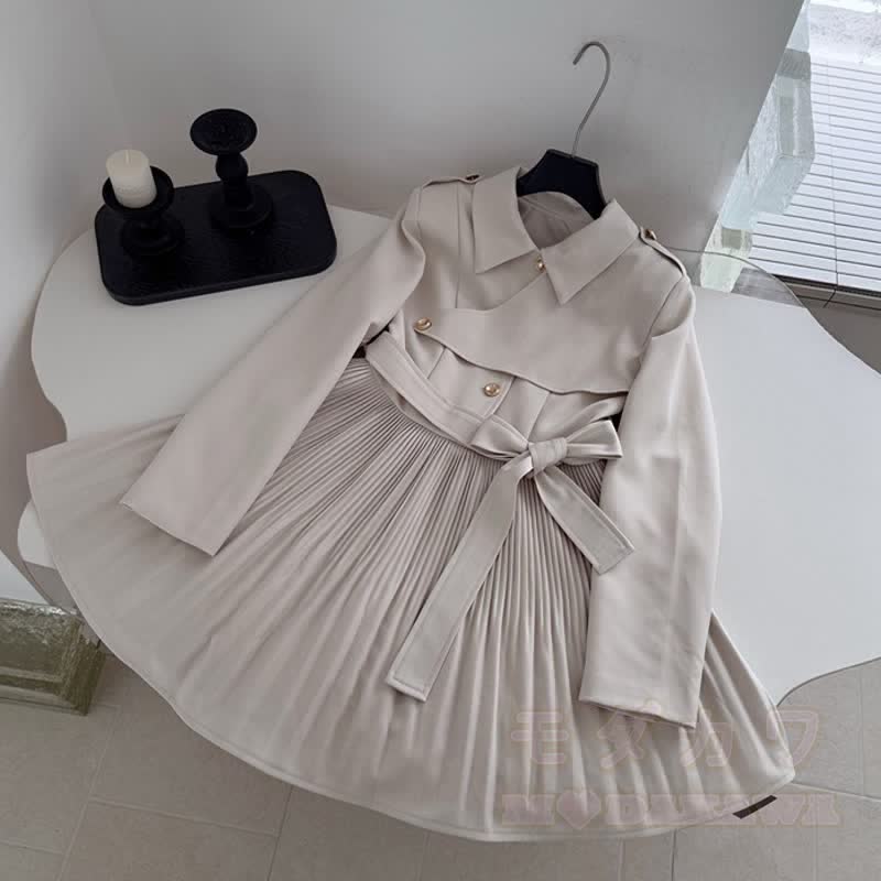 French Style Lapel Waist Tie Long Sleeve Pleated A‑Line Dress - image 4