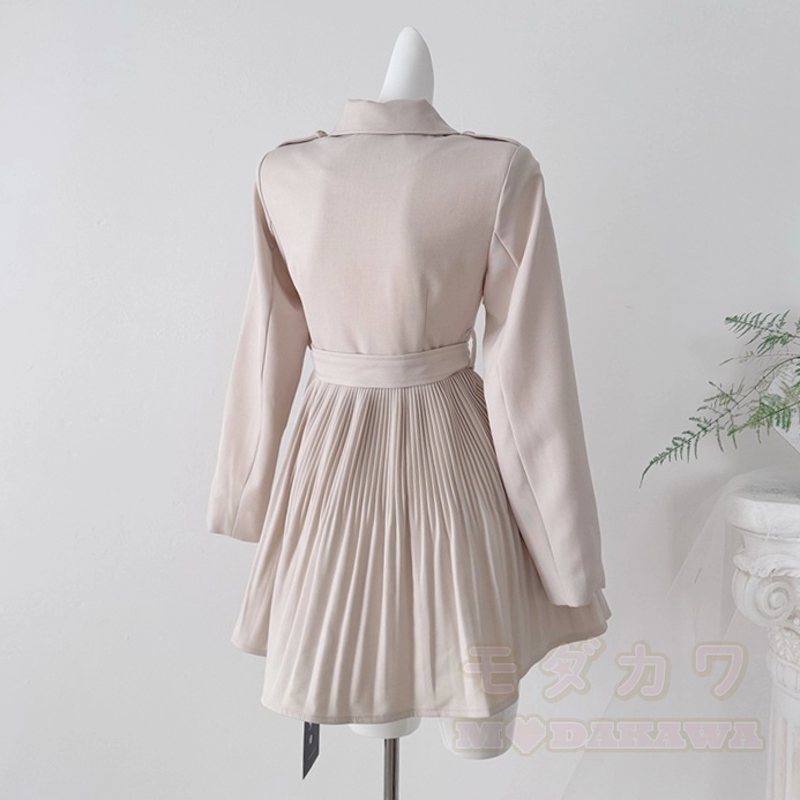 French Style Lapel Waist Tie Long Sleeve Pleated A‑Line Dress - image 2