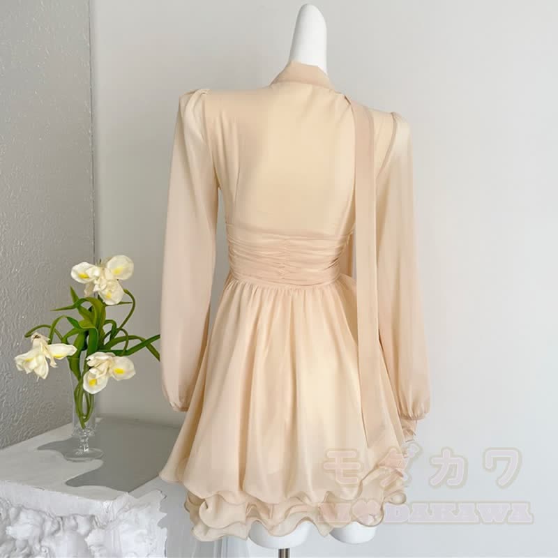 Lace Splice V‑Neck Tie Choker Long Sleeve Chiffon Dress - image 2
