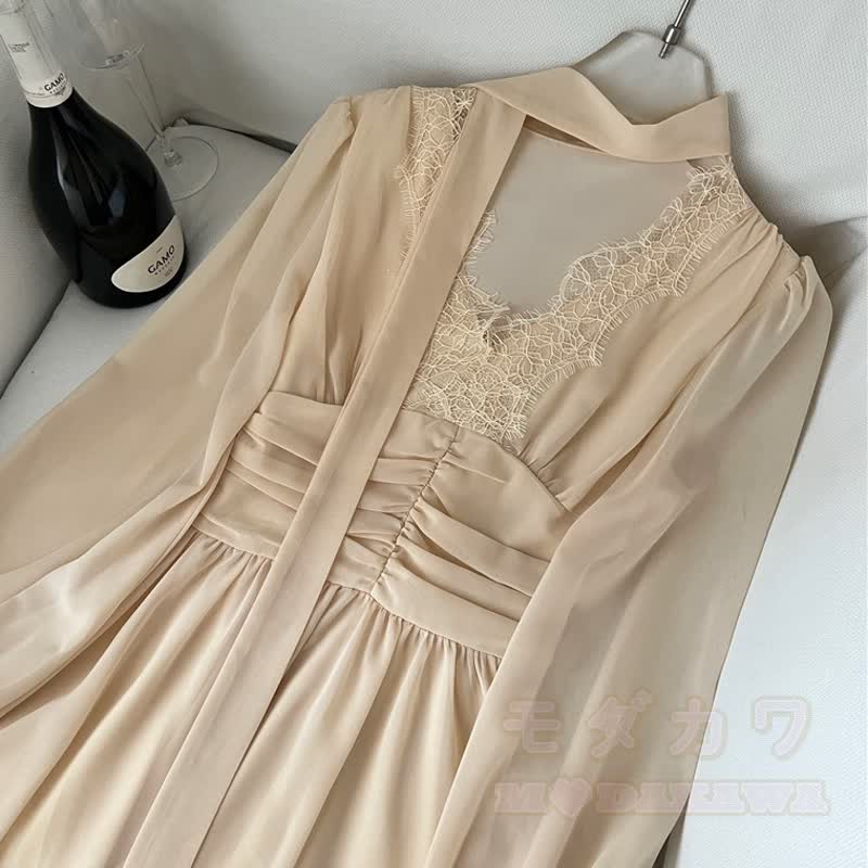 Lace Splice V‑Neck Tie Choker Long Sleeve Chiffon Dress - image 4