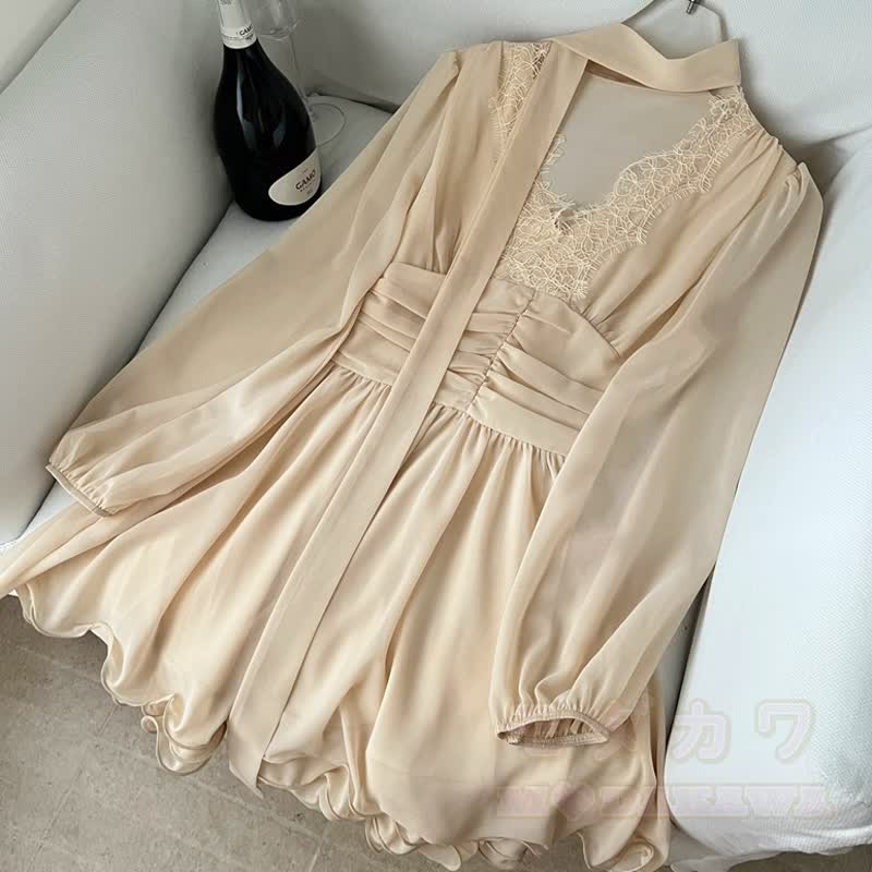 Lace Splice V‑Neck Tie Choker Long Sleeve Chiffon Dress - image 5