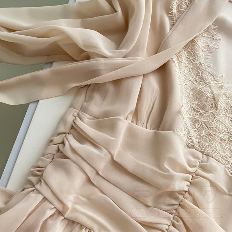 Lace Splice V‑Neck Tie Choker Long Sleeve Chiffon Dress - image 6