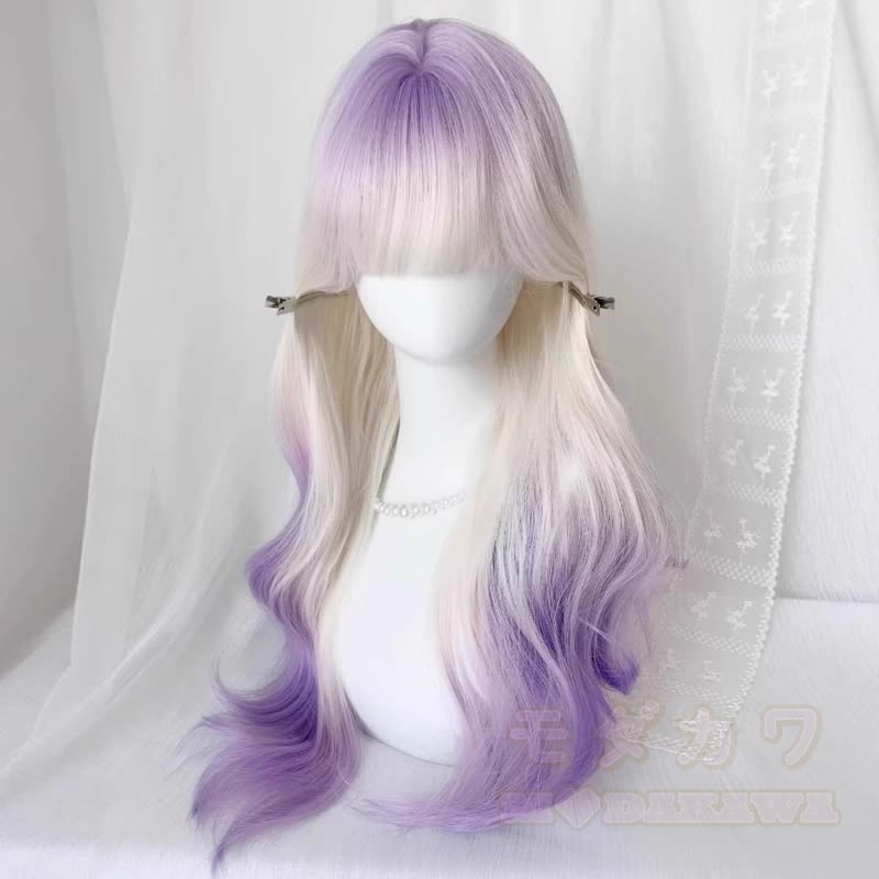 Lolita Dopamine Cosplay Gradient Color Long Wavy Wig - White Gradient Violet Big Wavy Wig 62CM - image 3