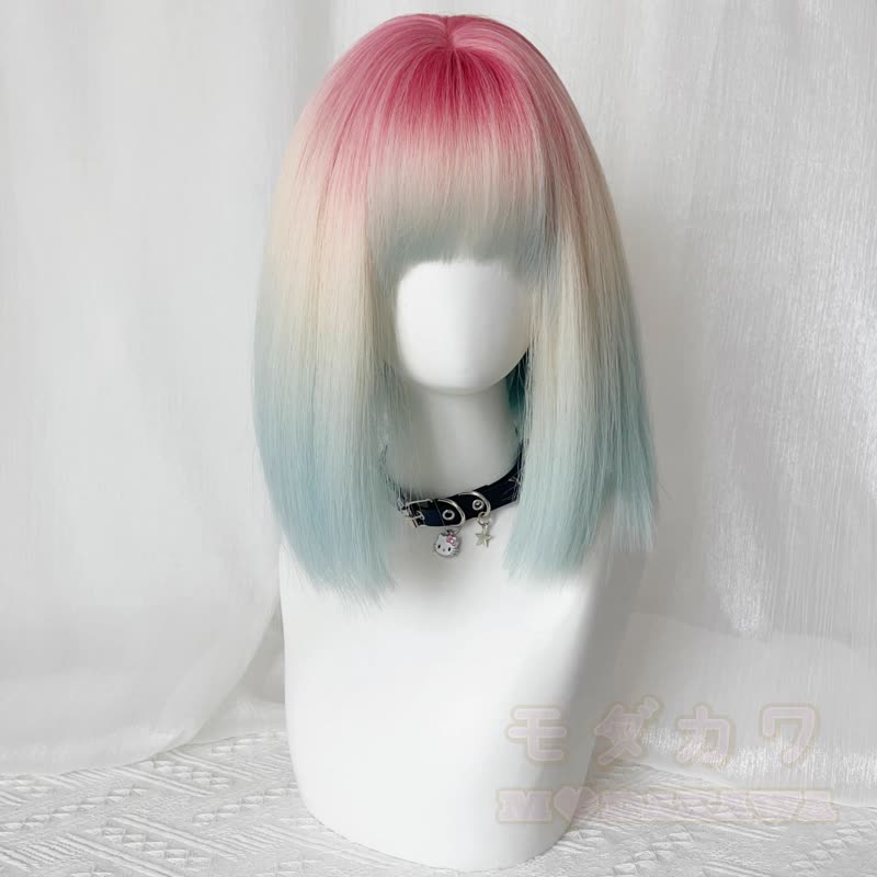 Lolita Dopamine Cosplay Gradient Color Long Wavy Wig - Medium Gradient Straight Wig 33CM - image 7