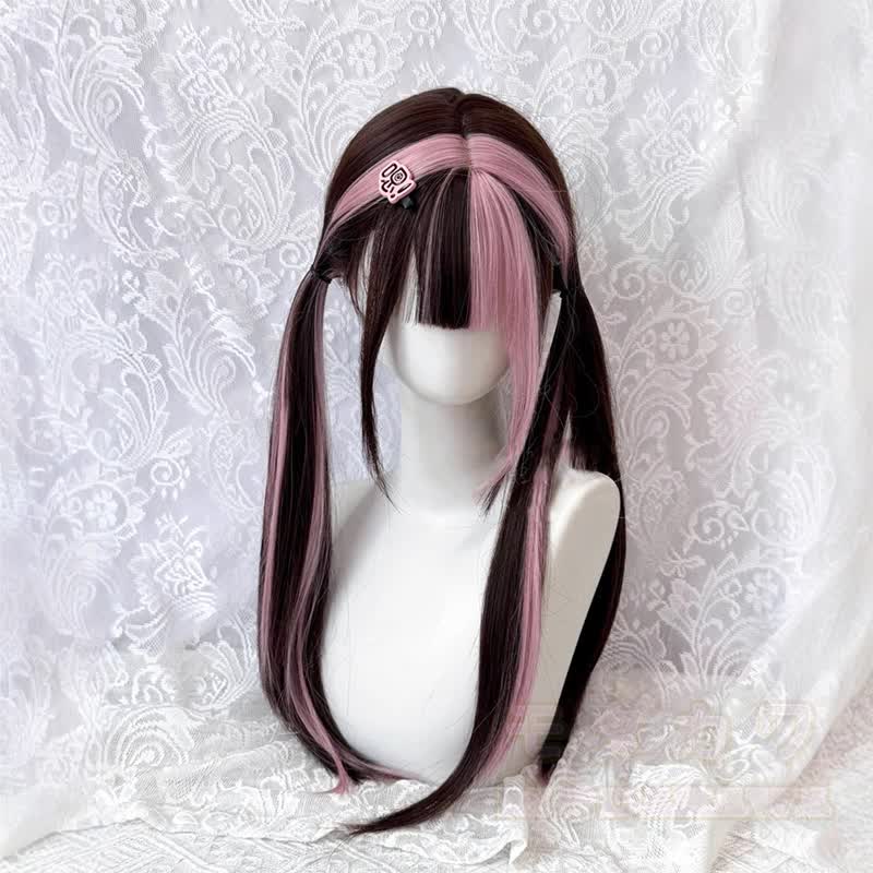 Lolita Dopamine Cosplay Gradient Color Long Wavy Wig - Lolita Twin Tail Highlight Straight Wig 60CM - image 8